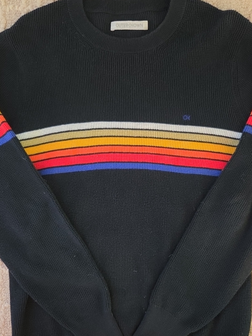 Outerknown Nostalgic Striped Waffle Knit Sweater Black Rainbow Men's Large
